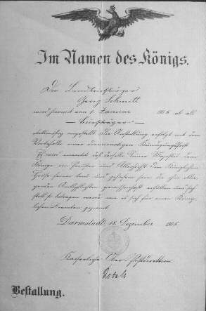 Bestallungsurkunde des Landbriefträgers Georg Schmitt aus Alzey aus dem Jahr 1905